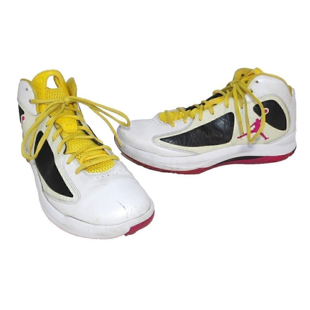JORDAN Flywire white, red & yellow high top leather sneakers men's size 12